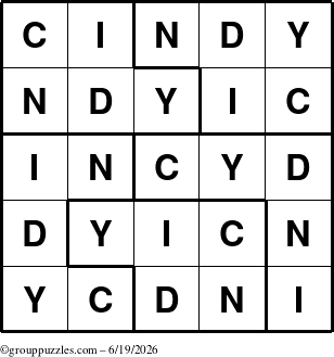 The grouppuzzles.com Answer grid for the Cindy puzzle for Friday June 19, 2026