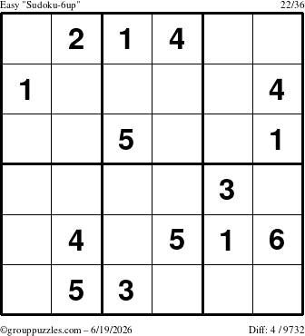 The grouppuzzles.com Easy Sudoku-6up puzzle for Friday June 19, 2026