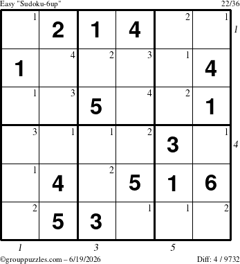 The grouppuzzles.com Easy Sudoku-6up puzzle for Friday June 19, 2026 with all 4 steps marked