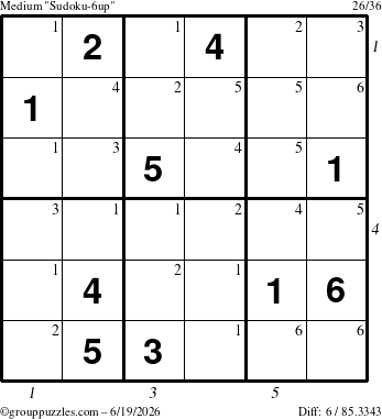 The grouppuzzles.com Medium Sudoku-6up puzzle for Friday June 19, 2026, suitable for printing, with all 6 steps marked