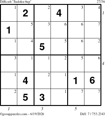 The grouppuzzles.com Difficult Sudoku-6up puzzle for Friday June 19, 2026, suitable for printing, with all 7 steps marked