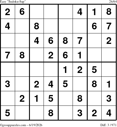 The grouppuzzles.com Easy Sudoku-8up puzzle for Friday June 19, 2026