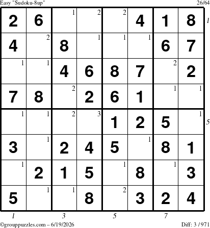The grouppuzzles.com Easy Sudoku-8up puzzle for Friday June 19, 2026, suitable for printing, with all 3 steps marked