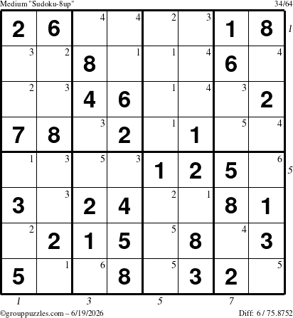 The grouppuzzles.com Medium Sudoku-8up puzzle for Friday June 19, 2026, suitable for printing, with all 6 steps marked