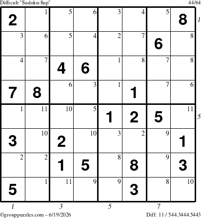 The grouppuzzles.com Difficult Sudoku-8up puzzle for Friday June 19, 2026, suitable for printing, with all 11 steps marked