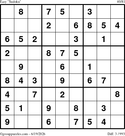 The grouppuzzles.com Easy Sudoku puzzle for Friday June 19, 2026