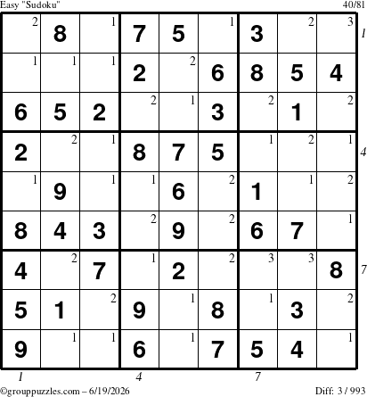 The grouppuzzles.com Easy Sudoku puzzle for Friday June 19, 2026 with all 3 steps marked