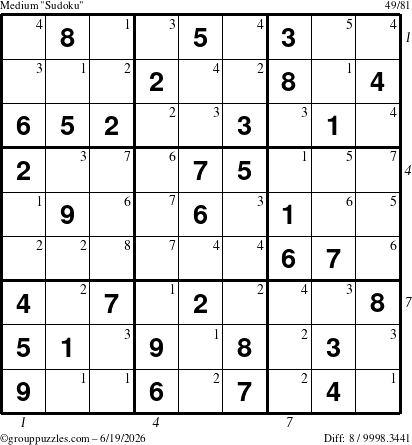 The grouppuzzles.com Medium Sudoku puzzle for Friday June 19, 2026, suitable for printing, with all 8 steps marked