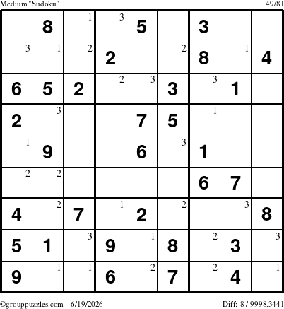 The grouppuzzles.com Medium Sudoku puzzle for Friday June 19, 2026 with the first 3 steps marked