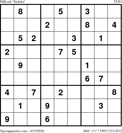 The grouppuzzles.com Difficult Sudoku puzzle for Friday June 19, 2026