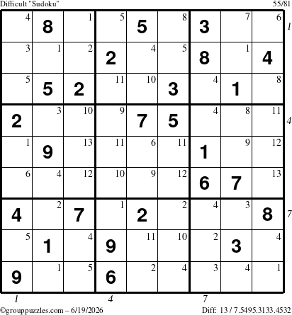 The grouppuzzles.com Difficult Sudoku puzzle for Friday June 19, 2026 with all 13 steps marked