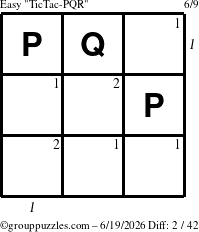 The grouppuzzles.com Easy TicTac-PQR puzzle for Friday June 19, 2026 with all 2 steps marked