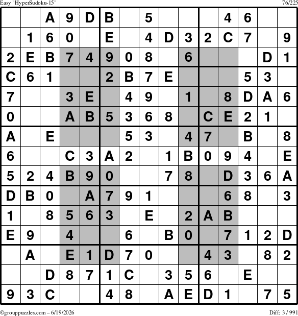 The grouppuzzles.com Easy HyperSudoku-15 puzzle for Friday June 19, 2026