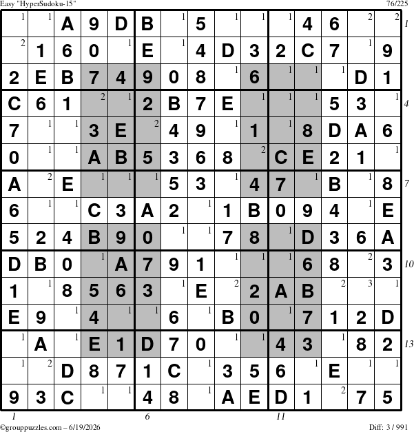 The grouppuzzles.com Easy HyperSudoku-15 puzzle for Friday June 19, 2026, suitable for printing, with all 3 steps marked