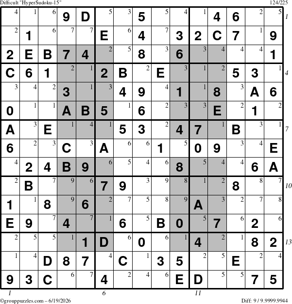 The grouppuzzles.com Difficult HyperSudoku-15 puzzle for Friday June 19, 2026 with all 9 steps marked