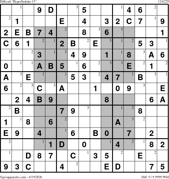 The grouppuzzles.com Difficult HyperSudoku-15 puzzle for Friday June 19, 2026 with the first 3 steps marked