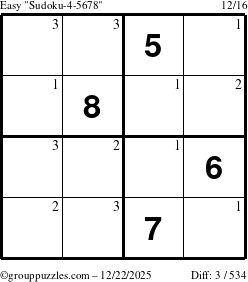 The grouppuzzles.com Easy Sudoku-4-5678 puzzle for Monday December 22, 2025 with the first 3 steps marked