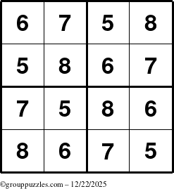 The grouppuzzles.com Answer grid for the Sudoku-4-5678 puzzle for Monday December 22, 2025