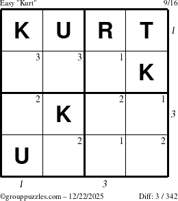The grouppuzzles.com Easy Kurt puzzle for Monday December 22, 2025 with all 3 steps marked