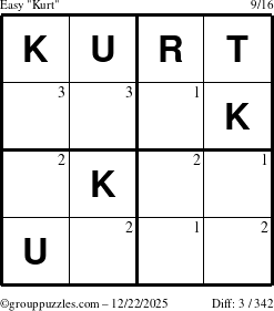 The grouppuzzles.com Easy Kurt puzzle for Monday December 22, 2025 with the first 3 steps marked