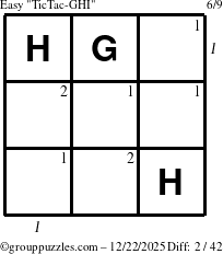 The grouppuzzles.com Easy TicTac-GHI puzzle for Monday December 22, 2025 with all 2 steps marked