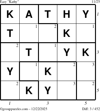 The grouppuzzles.com Easy Kathy puzzle for Monday December 22, 2025 with all 3 steps marked
