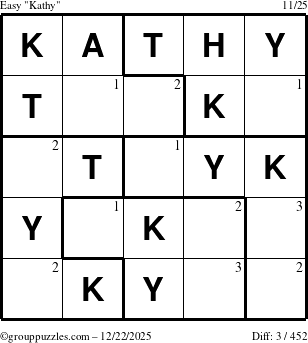 The grouppuzzles.com Easy Kathy puzzle for Monday December 22, 2025 with the first 3 steps marked