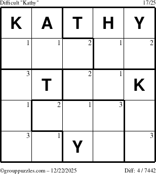 The grouppuzzles.com Difficult Kathy puzzle for Monday December 22, 2025 with the first 3 steps marked