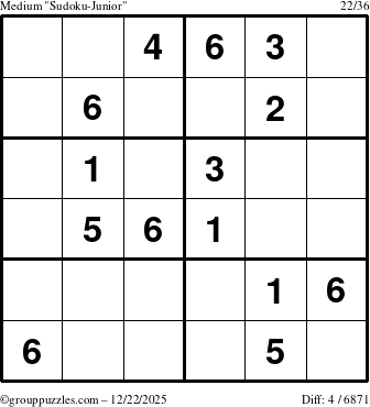 The grouppuzzles.com Medium Sudoku-Junior puzzle for Monday December 22, 2025