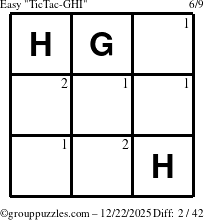 The grouppuzzles.com Easy TicTac-GHI puzzle for Monday December 22, 2025 with the first 2 steps marked