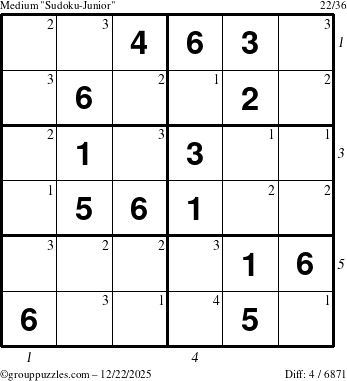 The grouppuzzles.com Medium Sudoku-Junior puzzle for Monday December 22, 2025, suitable for printing, with all 4 steps marked