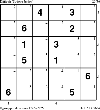 The grouppuzzles.com Difficult Sudoku-Junior puzzle for Monday December 22, 2025 with all 5 steps marked
