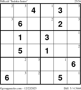 The grouppuzzles.com Difficult Sudoku-Junior puzzle for Monday December 22, 2025 with the first 3 steps marked