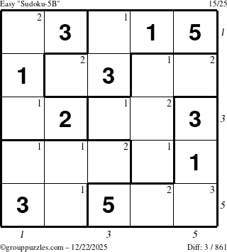The grouppuzzles.com Easy Sudoku-5B puzzle for Monday December 22, 2025 with all 3 steps marked