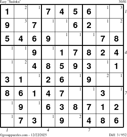 The grouppuzzles.com Easy Sudoku puzzle for Monday December 22, 2025 with all 3 steps marked