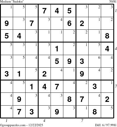 The grouppuzzles.com Medium Sudoku puzzle for Monday December 22, 2025 with all 6 steps marked