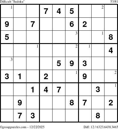 The grouppuzzles.com Difficult Sudoku puzzle for Monday December 22, 2025 with the first 3 steps marked