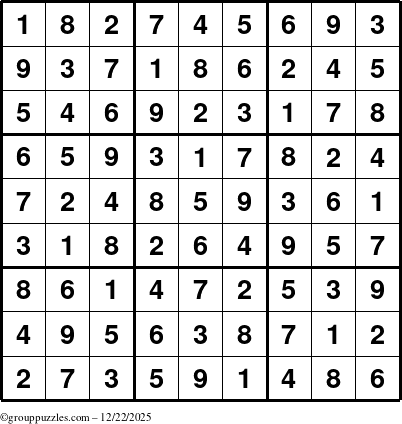 The grouppuzzles.com Answer grid for the Sudoku puzzle for Monday December 22, 2025