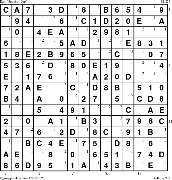 The grouppuzzles.com Easy Sudoku-15up puzzle for Monday December 22, 2025 with all 3 steps marked