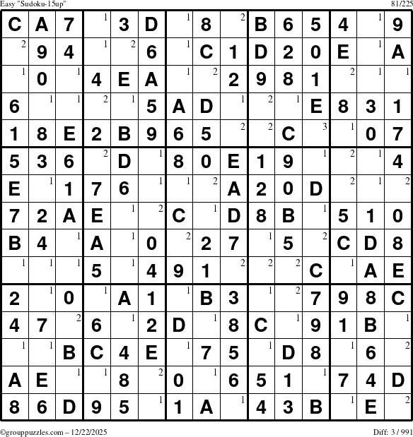 The grouppuzzles.com Easy Sudoku-15up puzzle for Monday December 22, 2025 with the first 3 steps marked