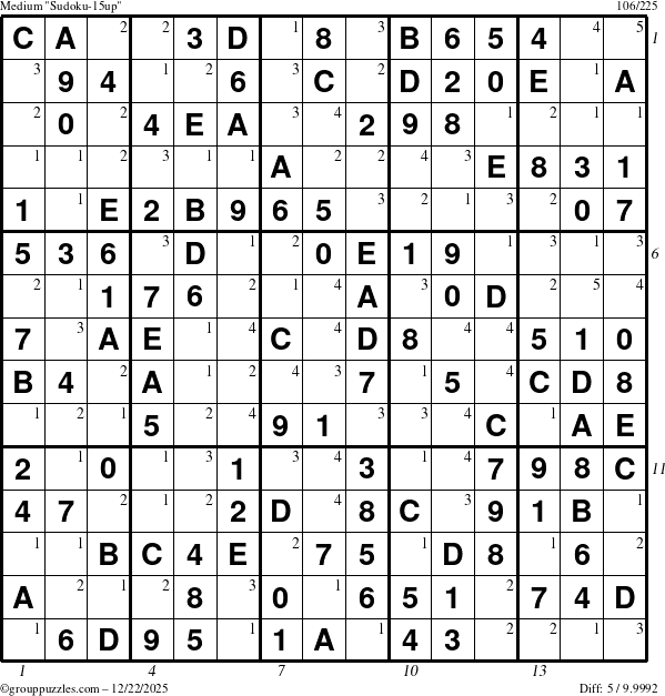 The grouppuzzles.com Medium Sudoku-15up puzzle for Monday December 22, 2025 with all 5 steps marked