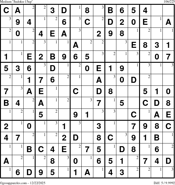 The grouppuzzles.com Medium Sudoku-15up puzzle for Monday December 22, 2025 with the first 3 steps marked