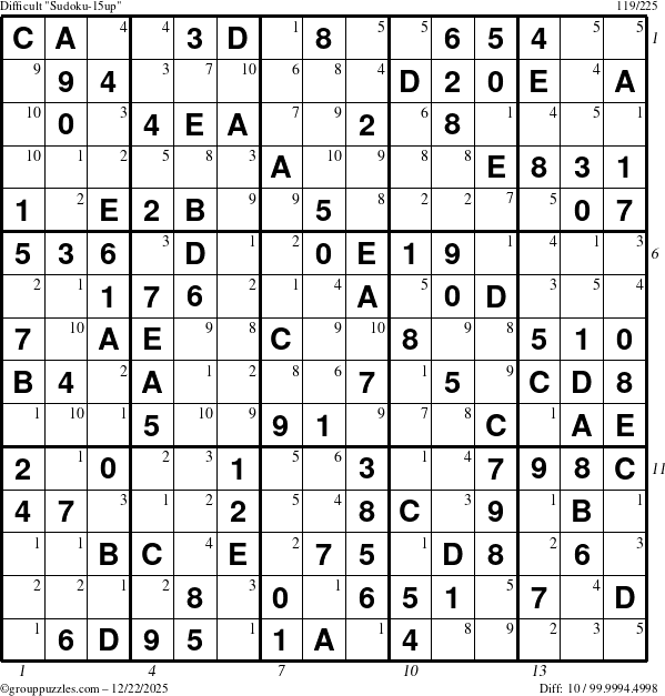 The grouppuzzles.com Difficult Sudoku-15up puzzle for Monday December 22, 2025, suitable for printing, with all 10 steps marked