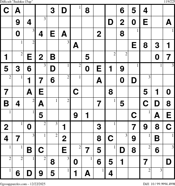 The grouppuzzles.com Difficult Sudoku-15up puzzle for Monday December 22, 2025 with the first 3 steps marked