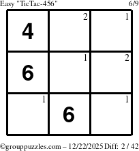 The grouppuzzles.com Easy TicTac-456 puzzle for Monday December 22, 2025 with the first 2 steps marked