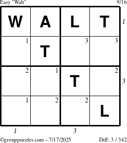 The grouppuzzles.com Easy Walt puzzle for Thursday July 17, 2025, suitable for printing, with all 3 steps marked