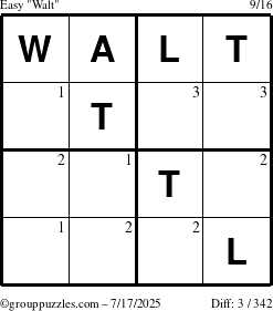 The grouppuzzles.com Easy Walt puzzle for Thursday July 17, 2025 with the first 3 steps marked