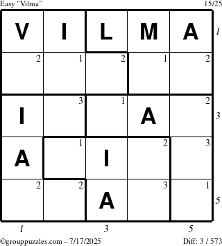 The grouppuzzles.com Easy Vilma puzzle for Thursday July 17, 2025, suitable for printing, with all 3 steps marked