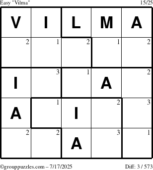 The grouppuzzles.com Easy Vilma puzzle for Thursday July 17, 2025 with the first 3 steps marked