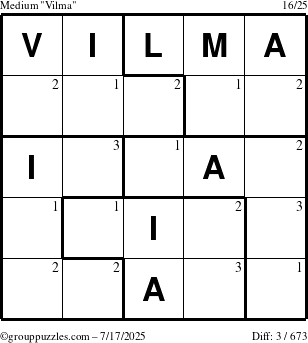 The grouppuzzles.com Medium Vilma puzzle for Thursday July 17, 2025 with the first 3 steps marked